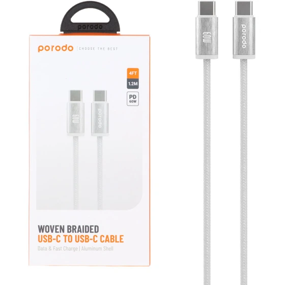 کابل شارژ ۲سر تایپ سی برند Porodo مدل PD-W60CC1-WH